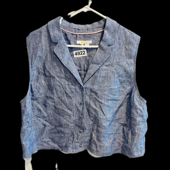 Boden Chambray Cropped Sleeveless Top Blue Linen 20/22 Collared Button Down - Picture 2 of 11